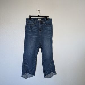 High-Rise Blue Flare Jeans with Raw Scallop Hem